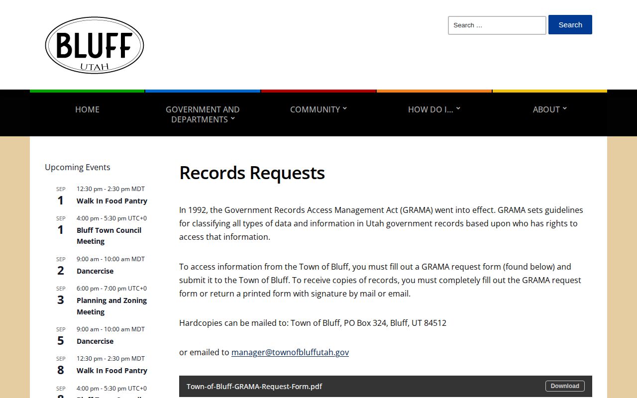 San Juan County Bluff town records page for booking-record request context